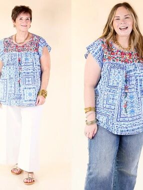 Savanna Jane Blue Floral Embroidered Short-Sleeve Top NWT